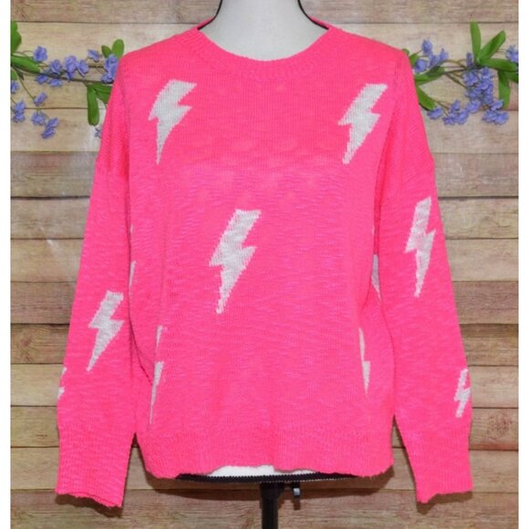 ee:some Ladies L Neon Pink Pullover Knit Sweater Size L Lightning Bolts Novelty - Picture 1 of 9
